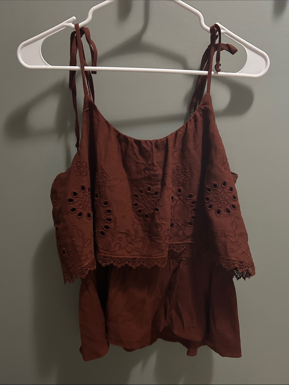 Daytrip Brown Eyelet Tie-Strap Cropped Tank Top